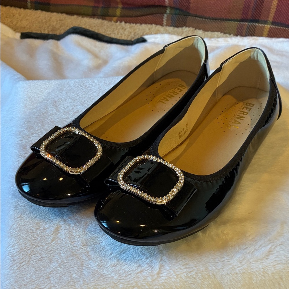 Black Patent Flats with Rhinestone Buckle
